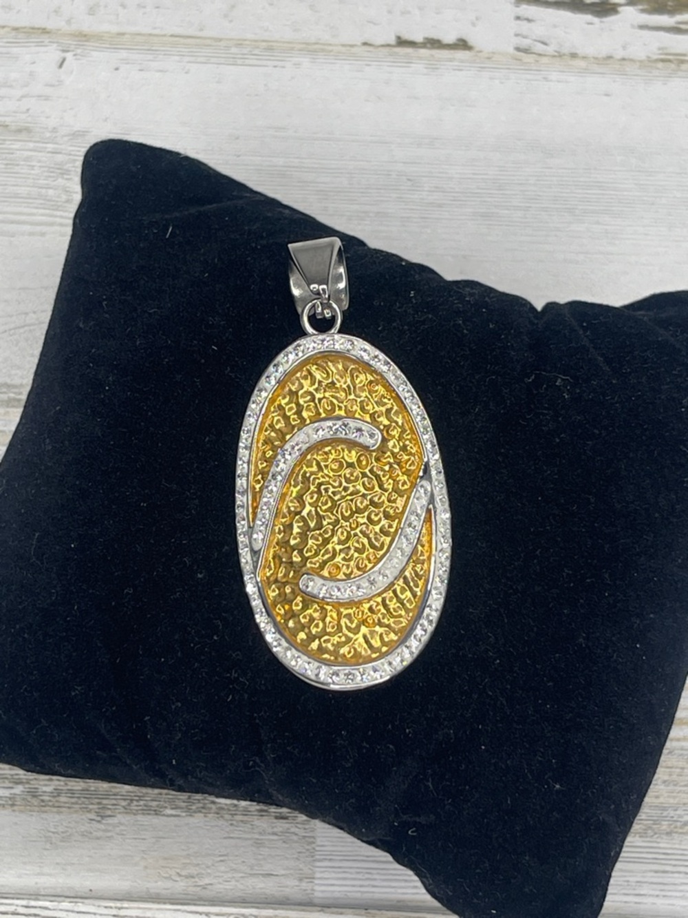 Nadri Hammered Gold Tone Crystal Oval Statement Pendant